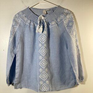 Womens Joie Boho Embroidered Linen Tunic‎ Light Blue XS V Tie Neck Long Sleeve